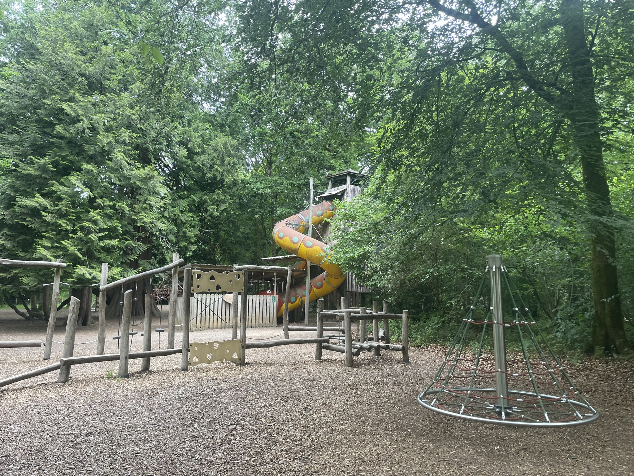 River dart country park play area with yellow snake slide, wooden obstacle frame and roundabout